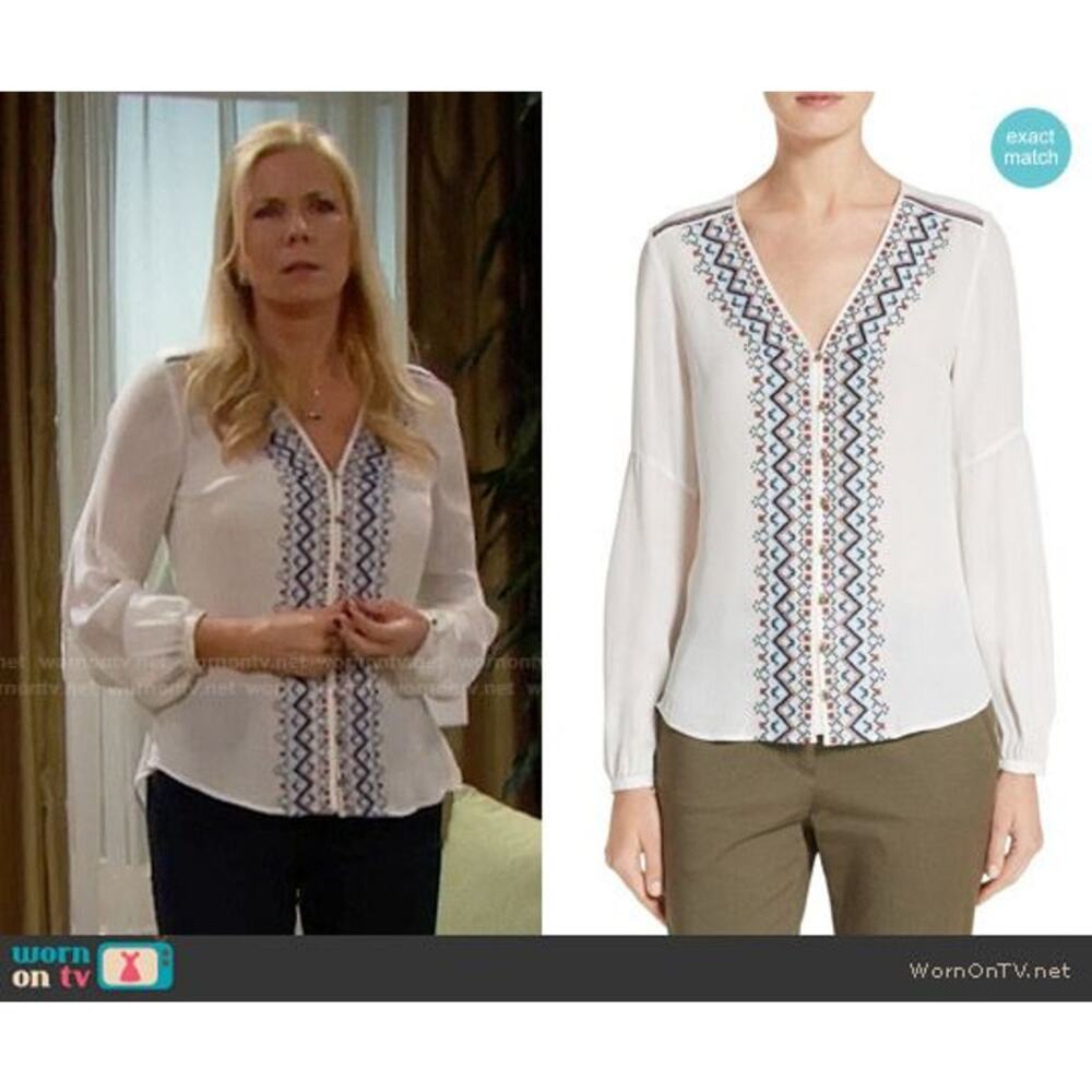 Veronica Beard Dream Long Sleeve Embroidered Silk Blouse Off White - Picture 3 of 12